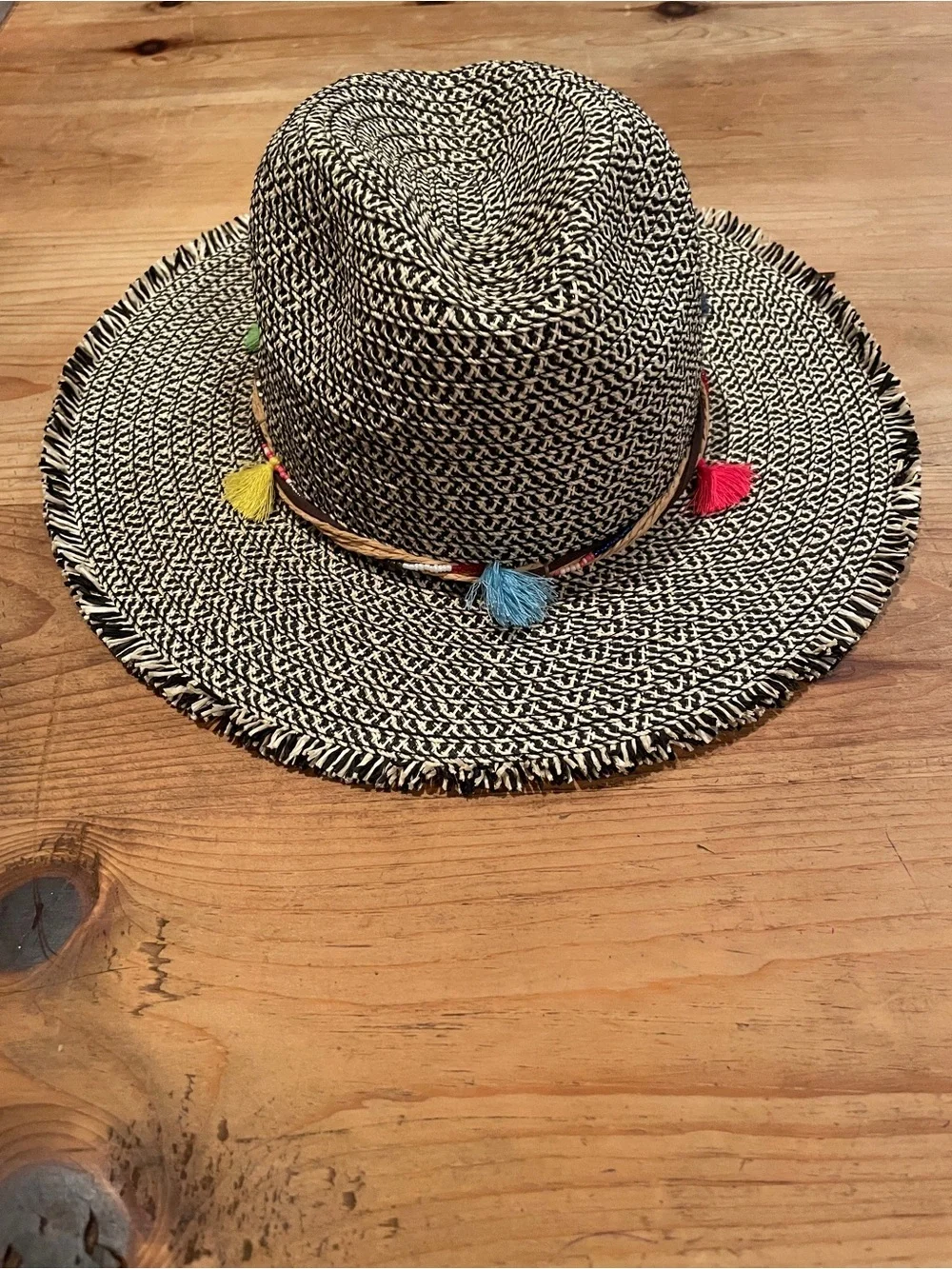 Cappelli Brown Ivory Fedora Short Brim Hat Beaded Tassel Southwest Aztec Boho OS
